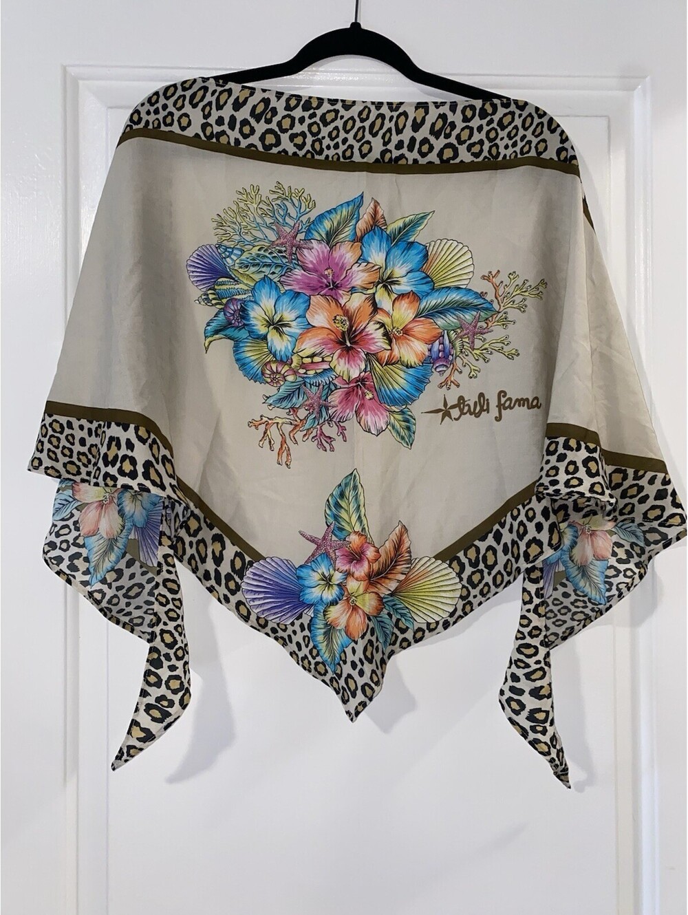 Luli Fama handkerchief vibrant tropical floral design, leopard print border